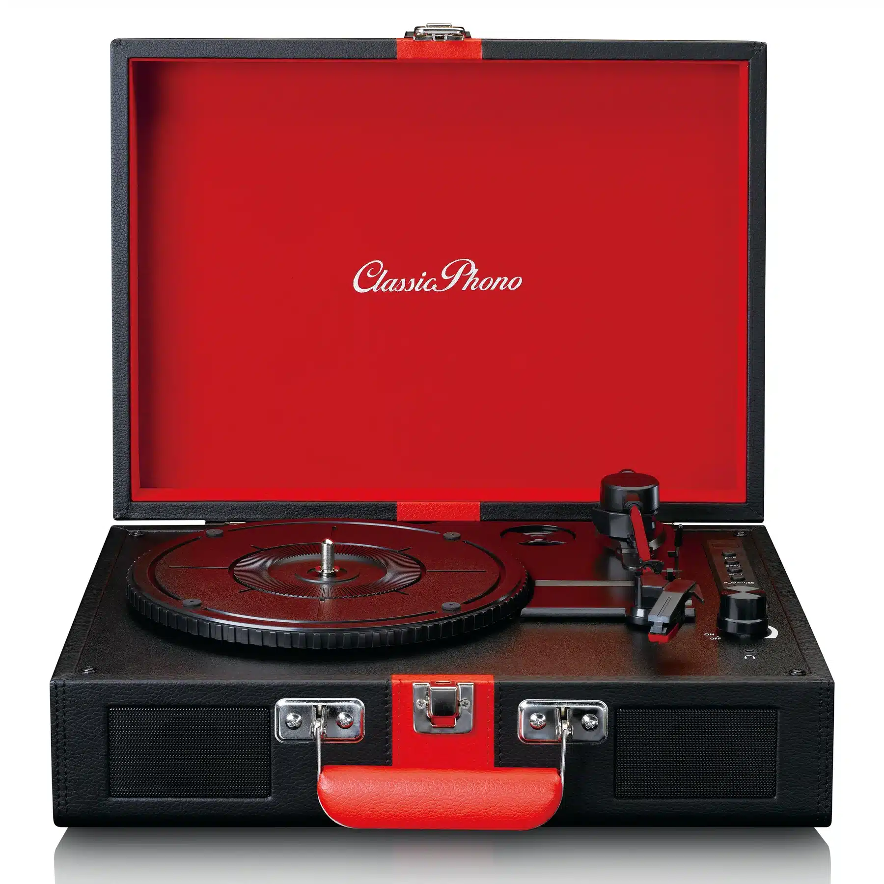 CLASSIC PHONO TT-110BKRD – Pladespiller med Bluetooth -modtagelse og indbyggede højttalere – Sort/rød